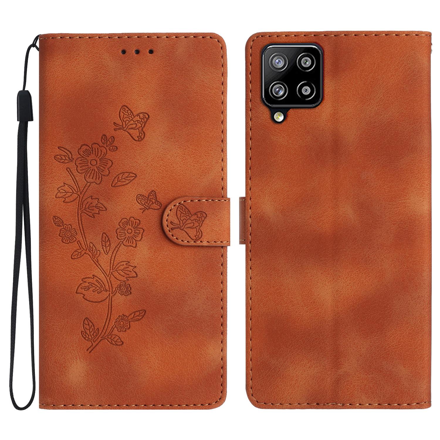 

For Samsung Galaxy A22 4G (EU Version) Phone Leather Case Flower Imprint Cover with Wallet Stand Brown