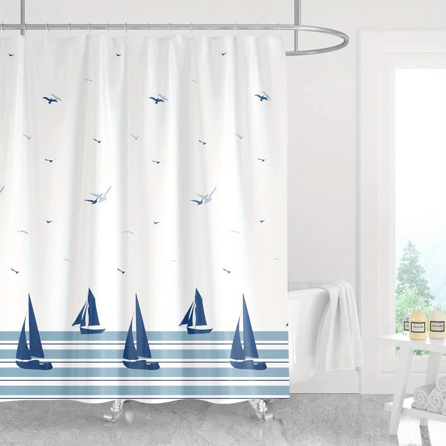 Nautical Coastal Shower Curtain - Blue Sailboats & White Stripes,  Easy to Hang, Perfect for Coastal Bathrooms, All-Season W90xH180cm