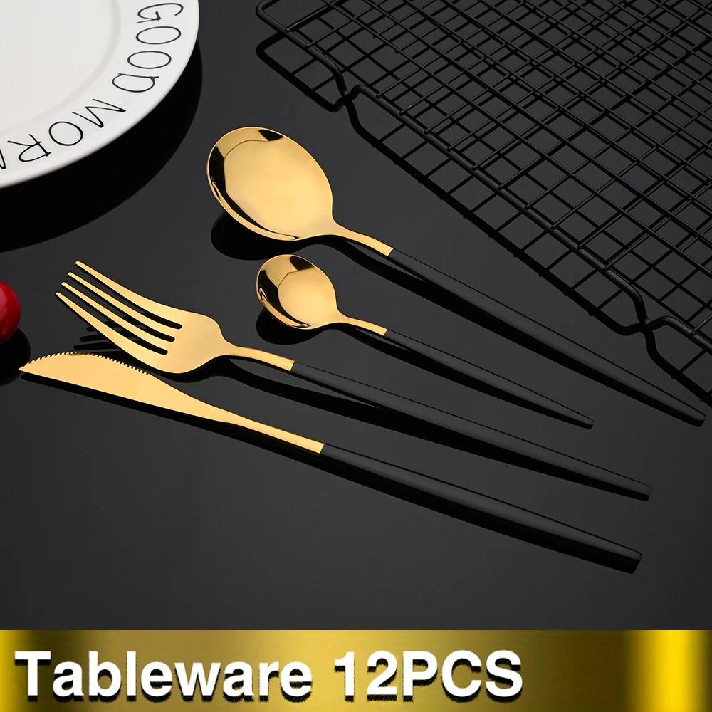 12Pcs Mirror White Gold Cutlery Set Stainless Steel Tableware Knife Fork Coffee Spoon Dinnerware Set Kitchen Flatware Silverware