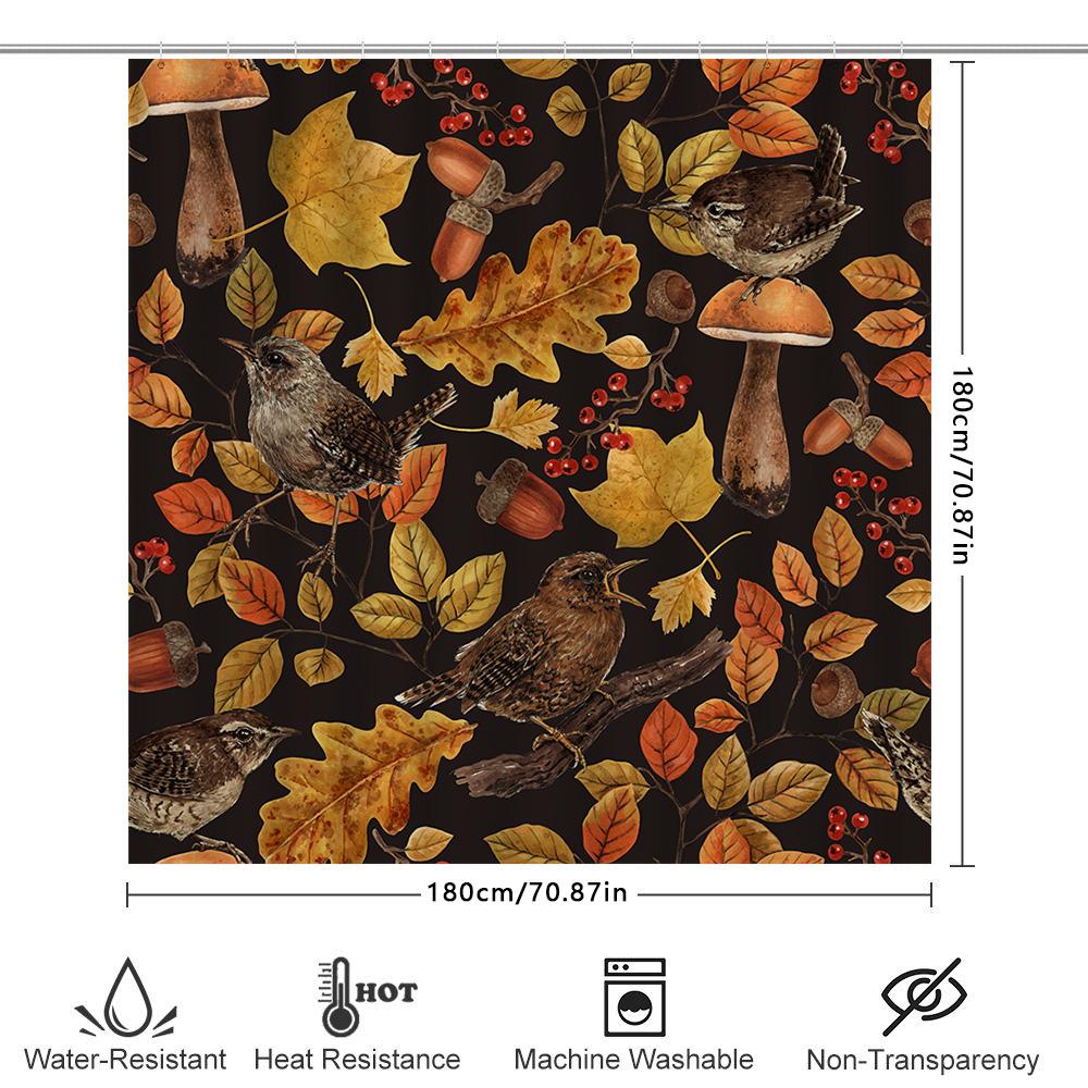 Autumn Leaves Birds Mushroom Shower Curtain Waterproof Printed Bathroom Decor For Home Decoration