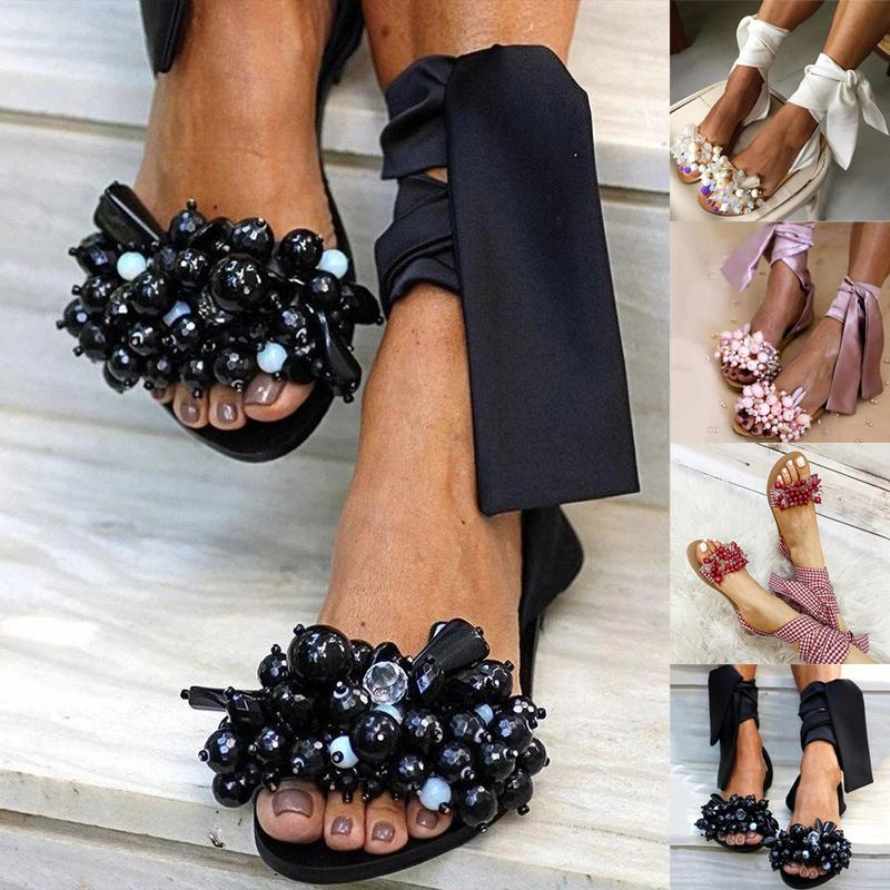 

Новые сандалии ручной работы, женские сандалии на плоской подошве, ремешок на щиколотке, бисер, специальная женская обувь, пляжные сандалии