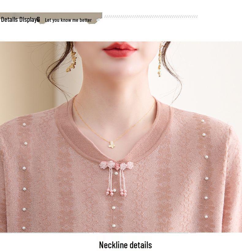 Schickes Sommer-Eis-Seiden-Qipao-Kragen Kurzarm Zweiteiler für mittelalte und ältere Frauen - Strick-T-Shirt-Oberteil in Übergröße