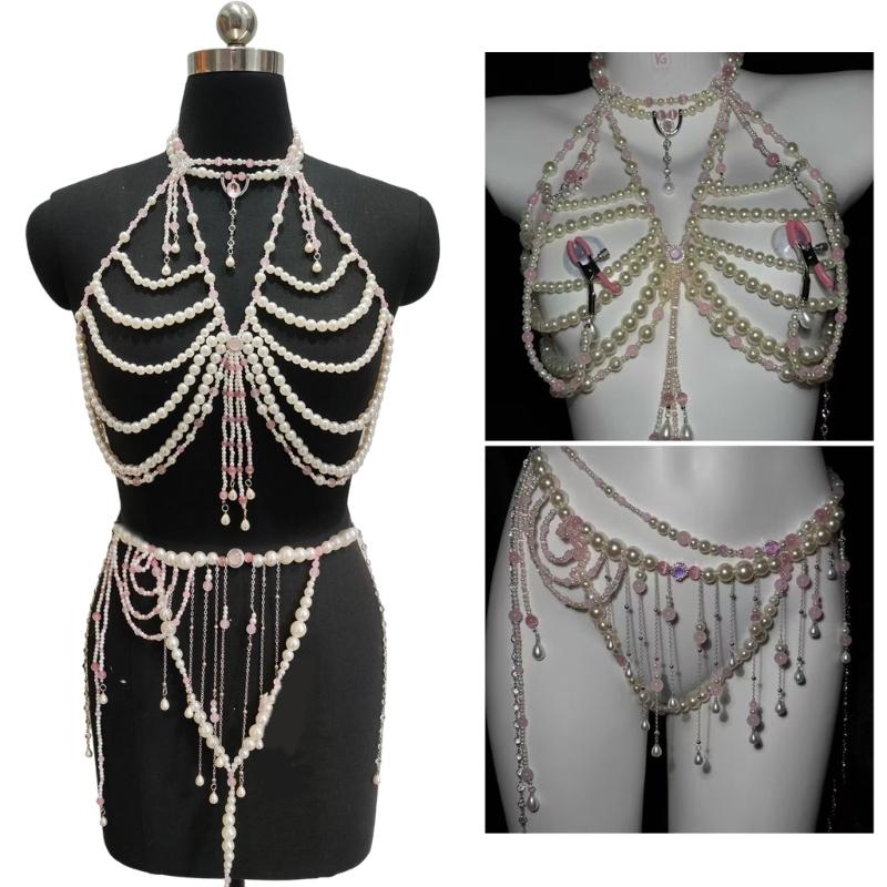 Adjustable Pearls Body Jewelry Body Chain Decoration for Trendy Women Strapless Dresses and Casual Stylish Outfits