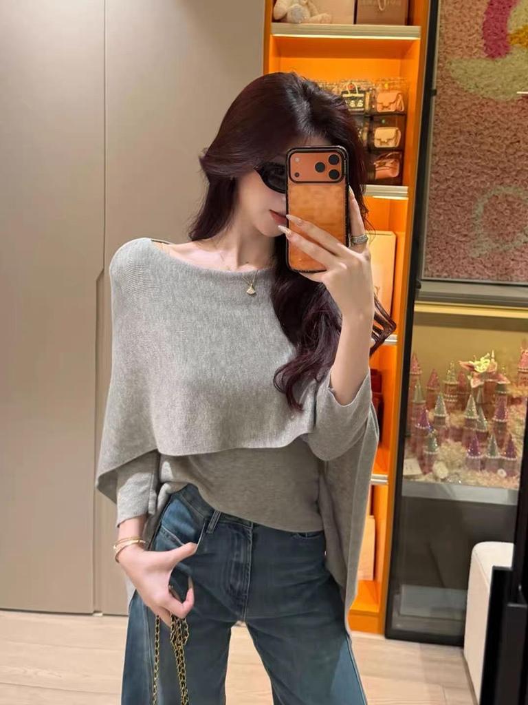 Korean Style Elegant Two-Piece Shawl Knitwear Sweater for Women - Autumn Cape Sleeves, Solid Color, Loose Fit, Slimming Top.