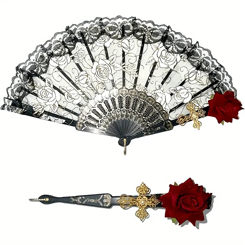 Vintage Spanische Flamenco Rose Spitze Handfächer Elegant Schwarz Faltbar Party Hochzeit Fächer 1 Stück/2 Stück Option für Besondere Anlässe