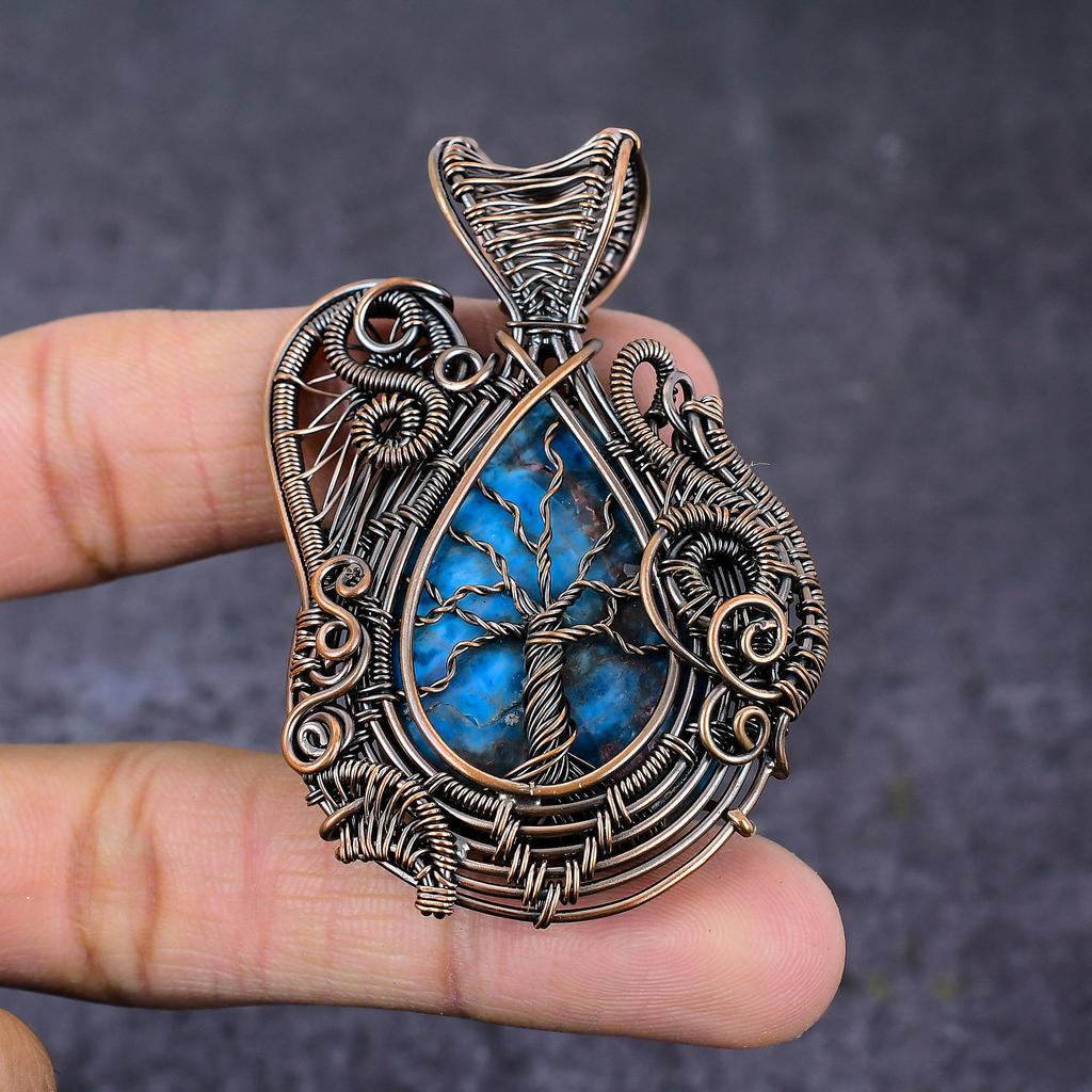 Neon Blue Apatite Handmade Copper Wire Wrap Tree Of Life Pendant 2.64" K3w48