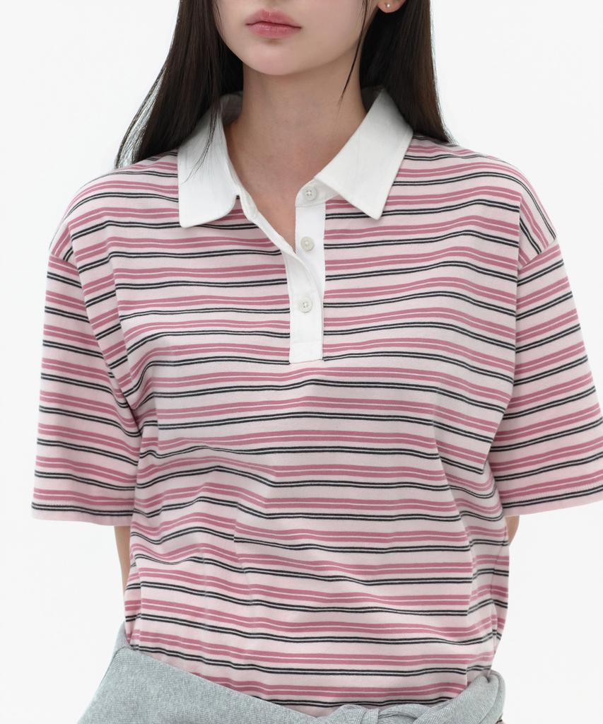 MUSINSA STANDARD WOMAN Women'S Multi-Stripe Short-Sleeve Rugby Shirt [Pink]