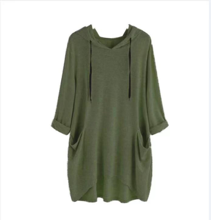 Spring Autumn Women's Hooded Solid Color Loose Long T-shirt Irregular Long Sleeve Pocket Pullover Top