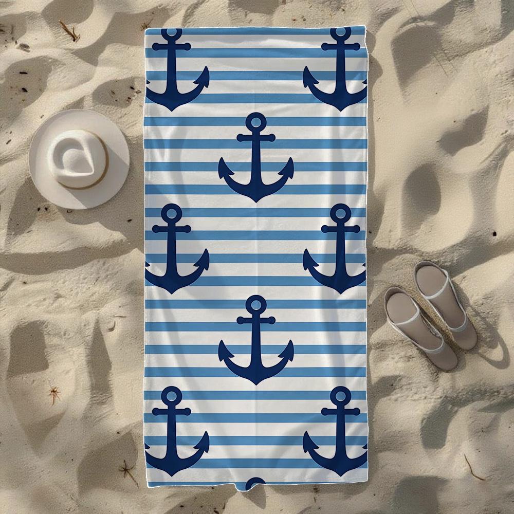 Classic Anchor & Horizontal Stripe Pattern Beach Towel, Soft Durable Quick-Drying, Ideal For Summer Beach, Swimming & Camping