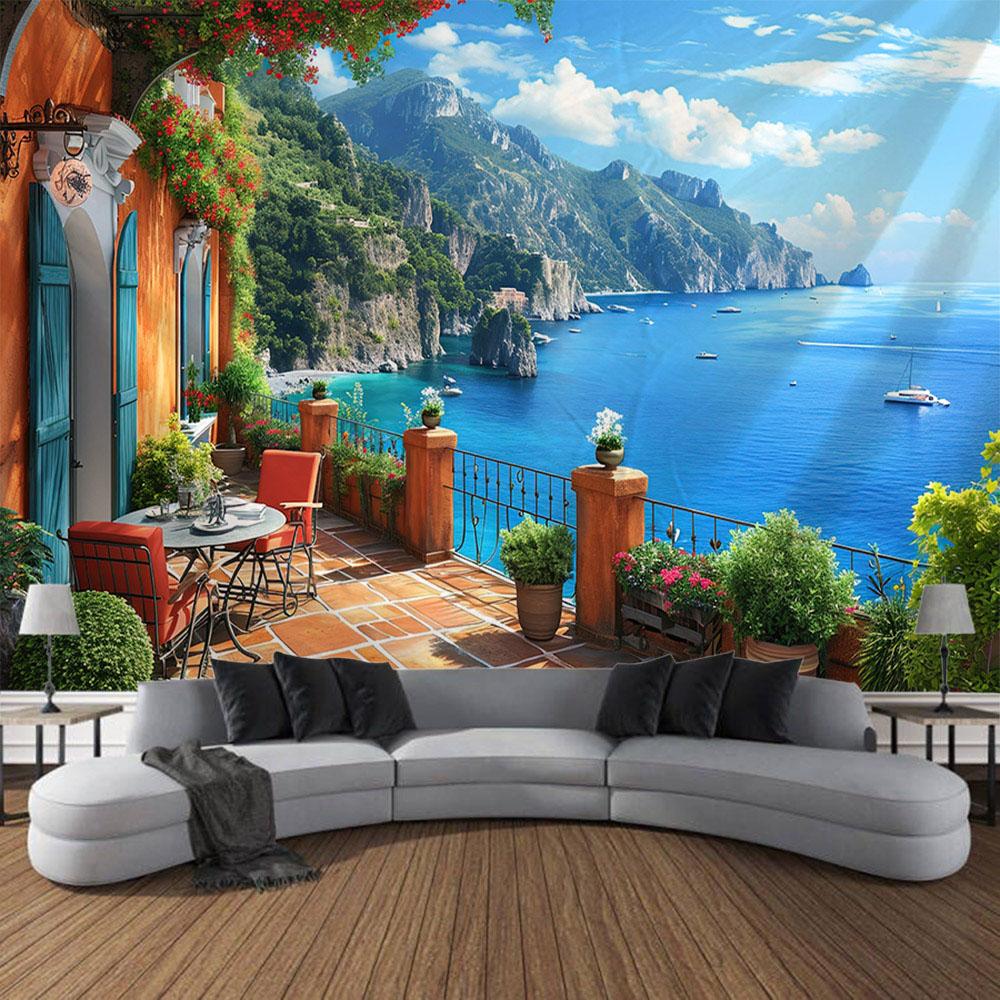 Beautiful Seaside Courtyard Landscape Tapestry Wall Hanging Room Wall Decoration Living Room and Bedroom Background Poster