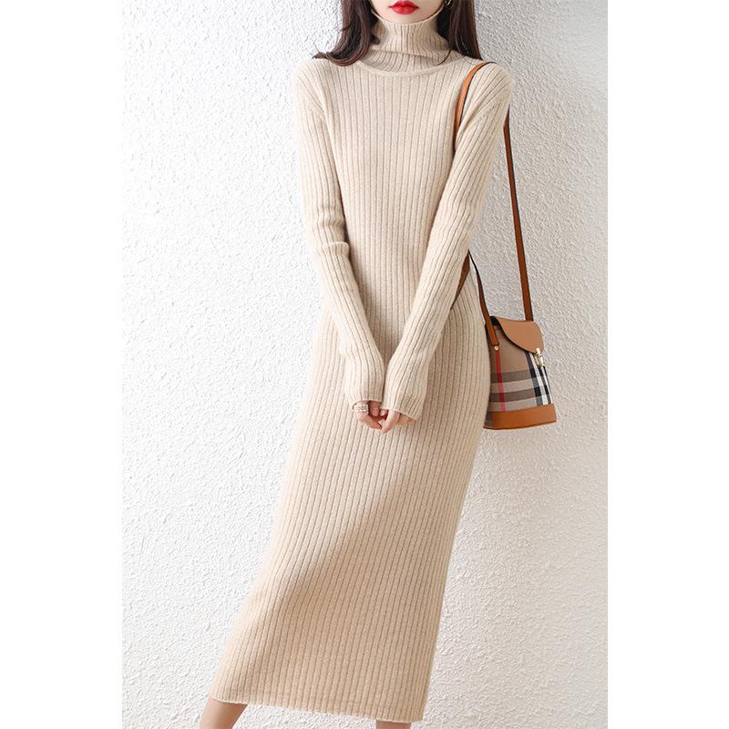 2022 Women’s High-Neck Ribbed Wool Knit Dress - Slimming Over-the-Knee Base Layer
