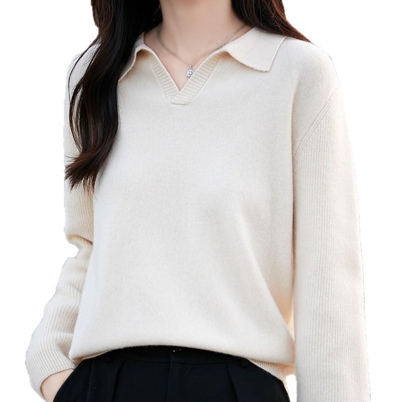 2026 Women's Pure Wool Polo Collar Loose Knit Sweater - Solid Color, Versatile, Casual Base Layer.