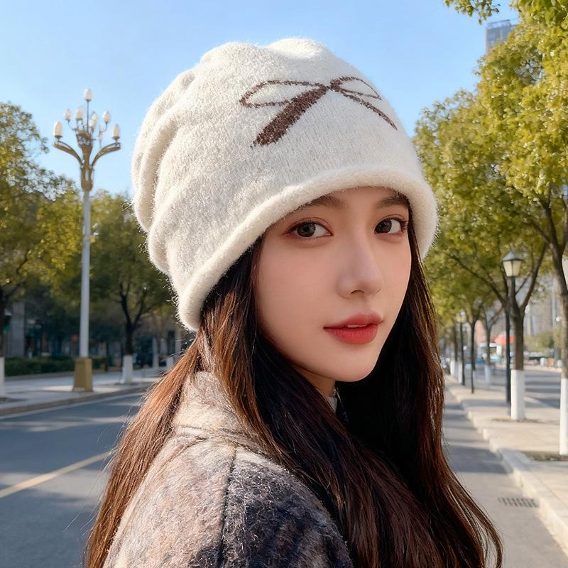 Autumn and Winter Retro Hats for Women Bow Knot Caps Big Head Circumference Face Showing Small Pile Hats Knitted Warm and Cold Hats