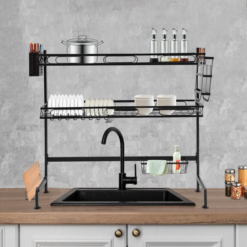 2-Tier Over Sink Dish Drying Rack with Cutlery Holder, Extra-Large 32 Inch Kitchen Counter Organizer, Draining Board for Dishes
