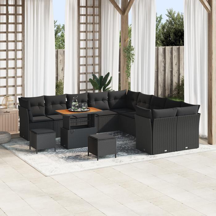 Ensemble de canapé de jardin de 13 pièces avec coussins Noir Rotin Poly Acacia, Ensemble de salle à manger de jardin de 3 3361544