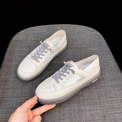 Real Soft Leather White Shoes Women's Spring New Flat-bottomed Tie-free Slip-on Sports Casual All-match Sneakers