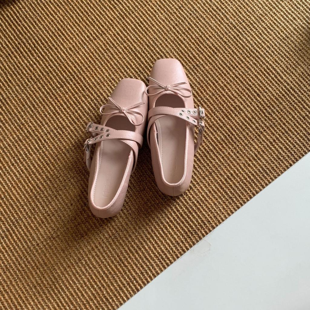 2025 spring and autumn new niche cross belt buckle sweet cool bow Mary Jane shoes inner height increase ballet single shoes women