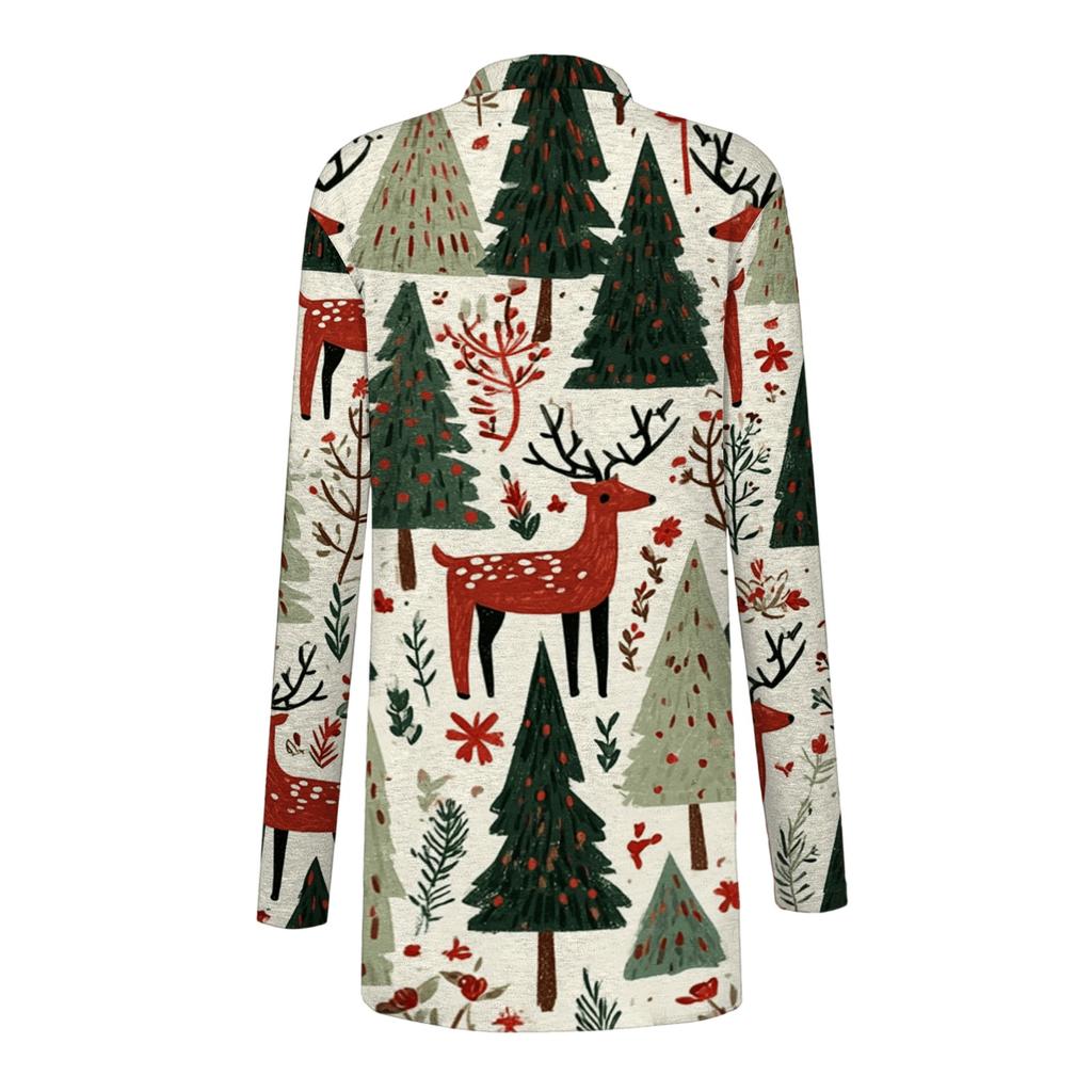 Women's Casual Christmas Print Mid-Length Open Front Cardigan Sweater for Holiday Wear