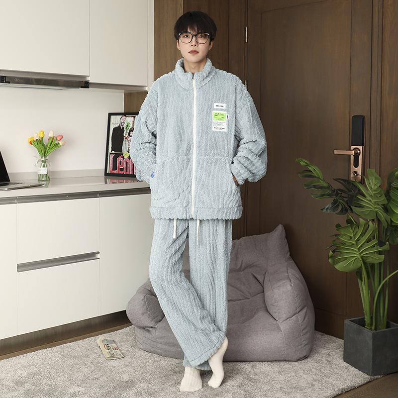 Men s Thickened Coral Fleece Flannel Pajamas - Winter Style Home Loungewear 4XL синий