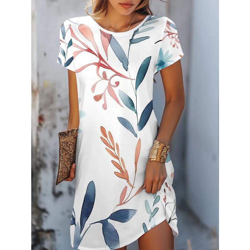 Blumen Retro Muster Damen Minikleider Sommer Kurzarm Bedruckt Große Größen Lässig Bequem Weiches Kleid