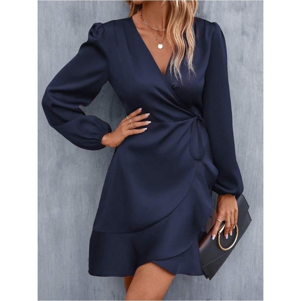 Women's V-neck Dress Satin Waist Cinched Low Cut Casual Mid Length Skirt Sweet Style New Item