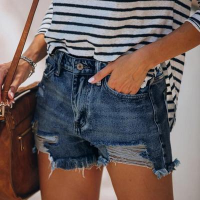 Shorts jeans feminino de cintura alta, casual, rasgado, desgastado, com bolsos, jeans curto quente de verão para o dia a dia, clube de praia