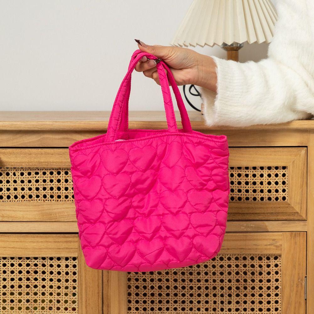 Solid Color Quilted Love Handbag Sweet Lovely Lunch Bag Japanese Puffer Tote Bag  Travel