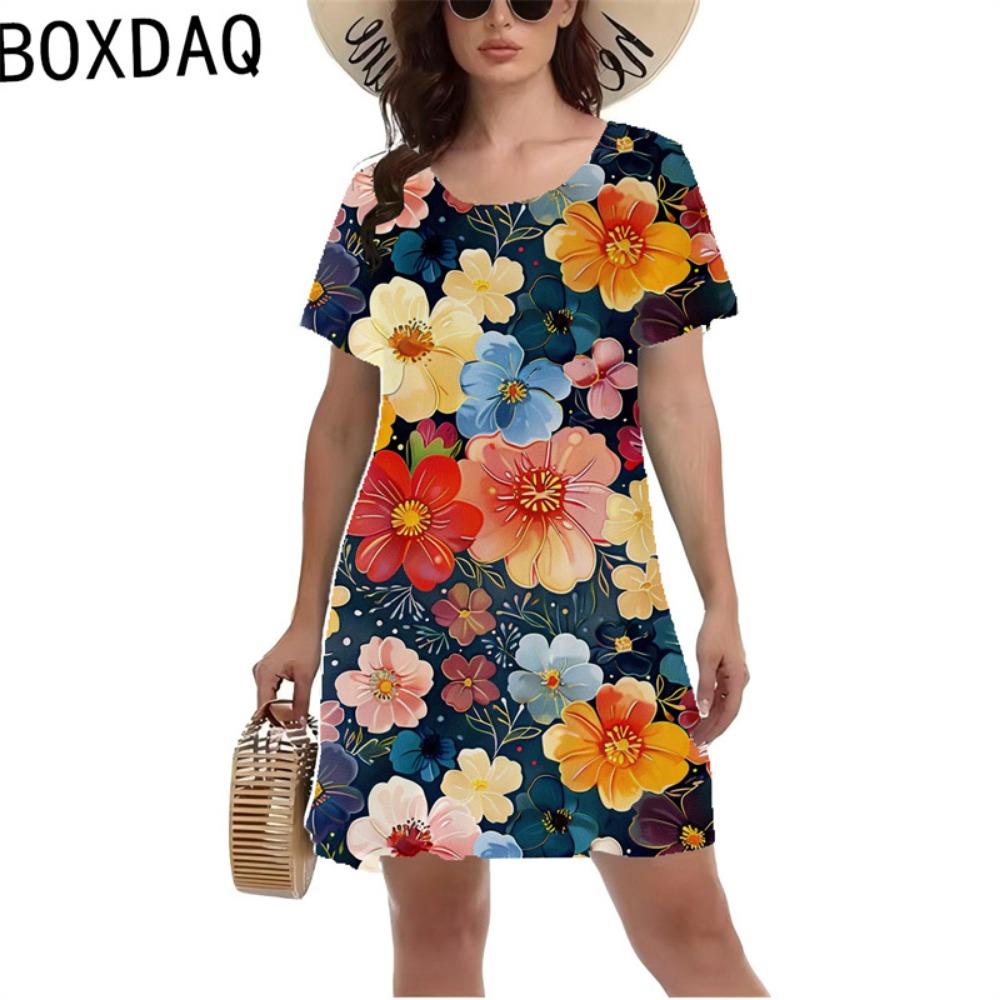 Summer Floral Print Dress Women's O-neck Short-sleeved Retro A-line Dress Colorful Flowers Seaside Holiday 3d Dress
