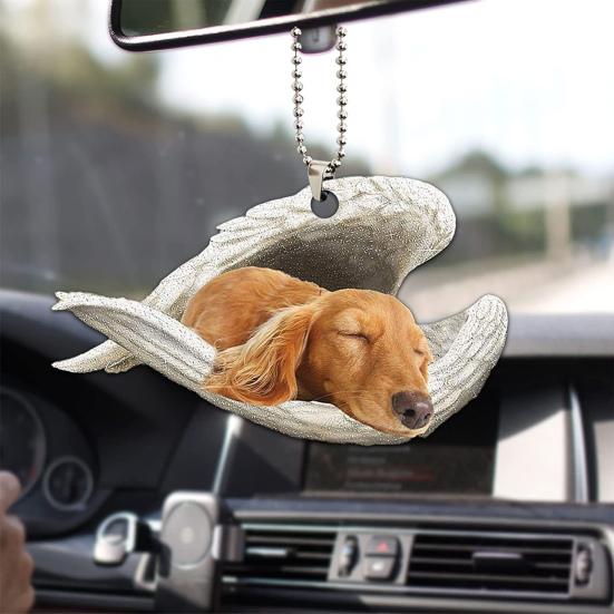Dog Sleeping In Angel Wings Ornament 2D Flat Car Rear View Mirror Hanging Charm Pet Memorial Keepsake for Christmas Tree Car Interior Accessories