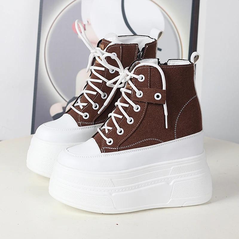 

Модные женские кроссовки на массивной подошве 12 см, осень-зима, ретро, из натуральной кожи, на шнуровке, женская спортивная обувь, женские повседневные кроссовки на платформе 34 коричневый