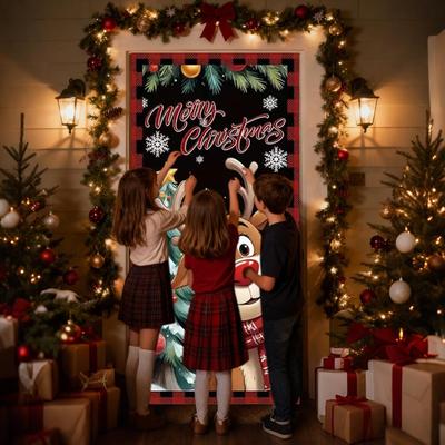 Décoration de porte festive de Noël (180 x 89 cm) avec motif de rennes, idéale pour les fêtes à la maison.