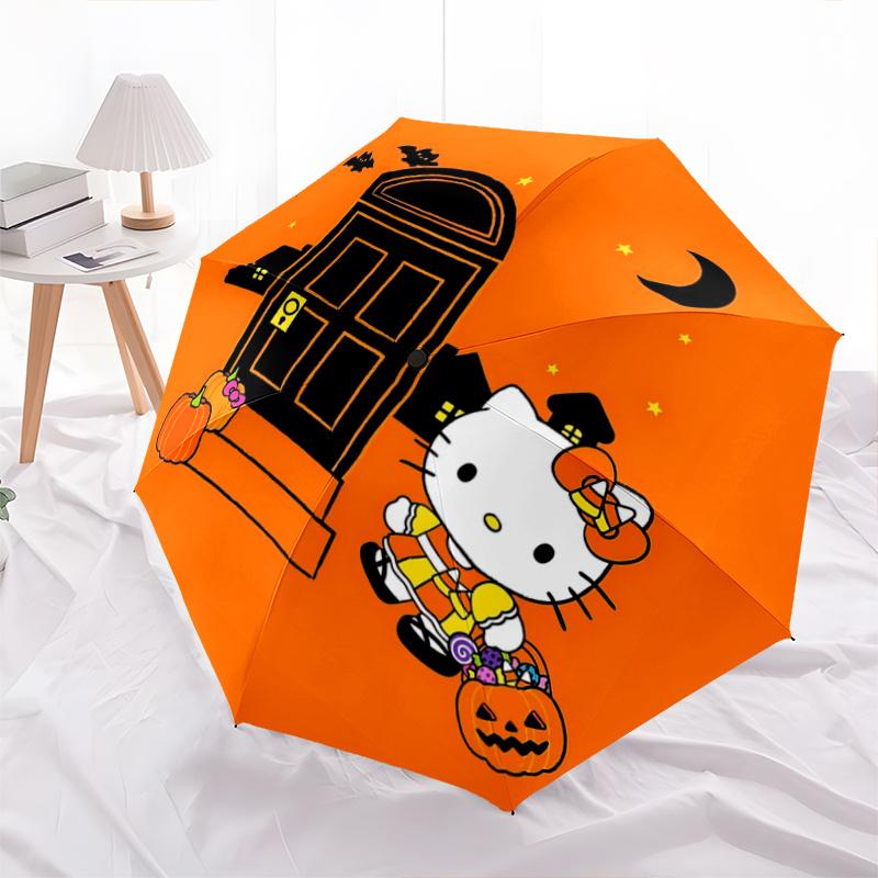 

1pc Hello Kitty Halloween Trick or Treat Pumpkin Lantern Automatic Opening/Closing Umbrella - Portable Three-Fold Design with 8-Bone Iron Frame - Outd