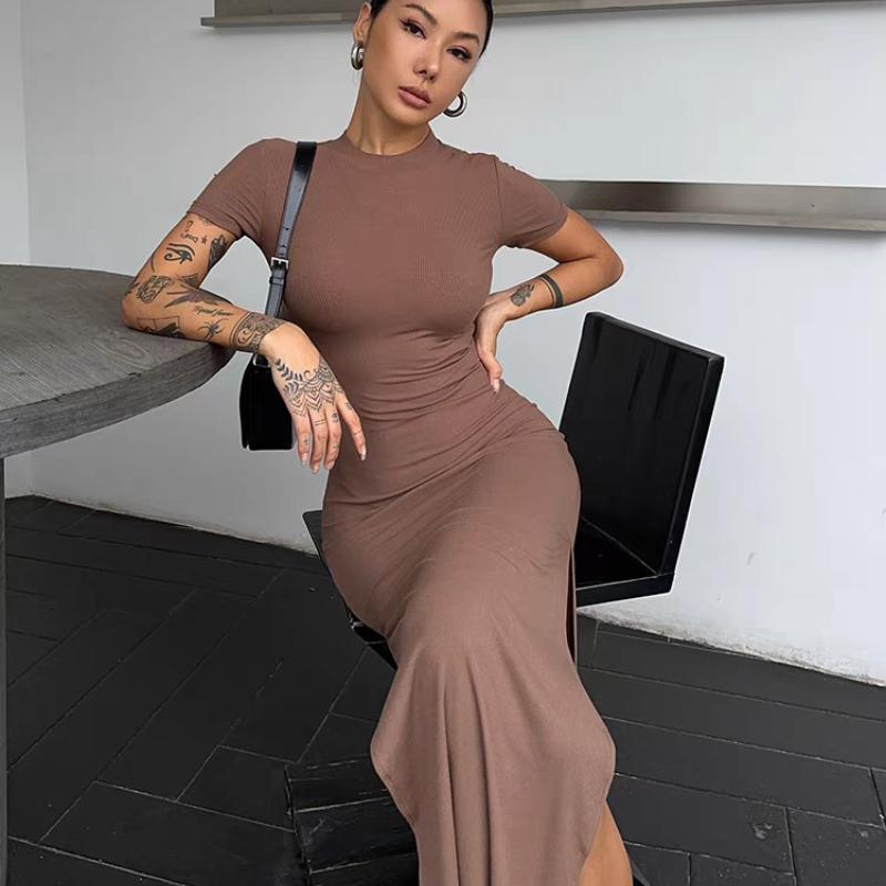 New Summer Short Sleeve Solid Slim Fit Sexy Dress Women Elegant Hip Hugging Casual Women's Long Dresses Vintage Split Stand Collar Female Dress 25992