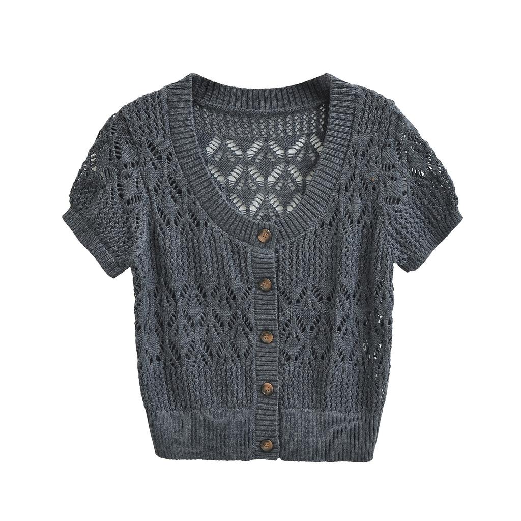 Fashion crew neck knitted sweater women's summer new American retro Spice Girl slim and thin cardigan short-sleeved T-shirt