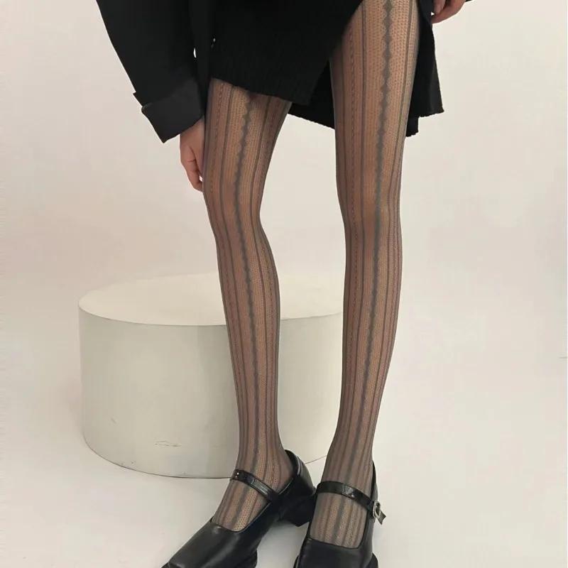 Women Sexy Lace Fishnet Pantyhose Lolita Style Hollow Out Design Red Silk Stockings JK High Waist Striped Tights Christmas Gifts