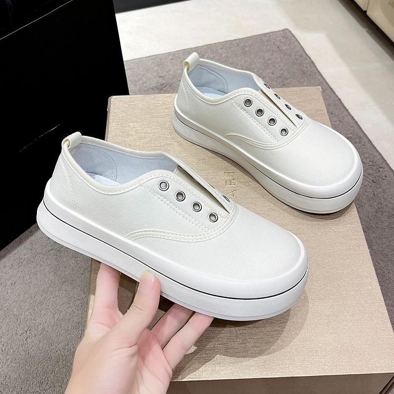 Pantofi de pânză cu o singură pedală pentru femei, de primăvară și toamnă, noi, cu vârf pătrat, respirabili, casual, pantofi albi mici versatili, cu talpă groasă, leneși