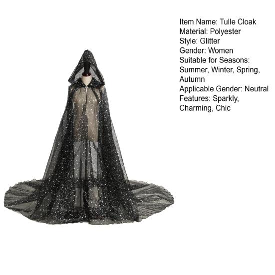 Women Tulle Hooded Cape with Long Train Sparkling Long Sheer Elf Cloak Gothic Witch Robe Costume for Wedding Bride Halloween Cosplay