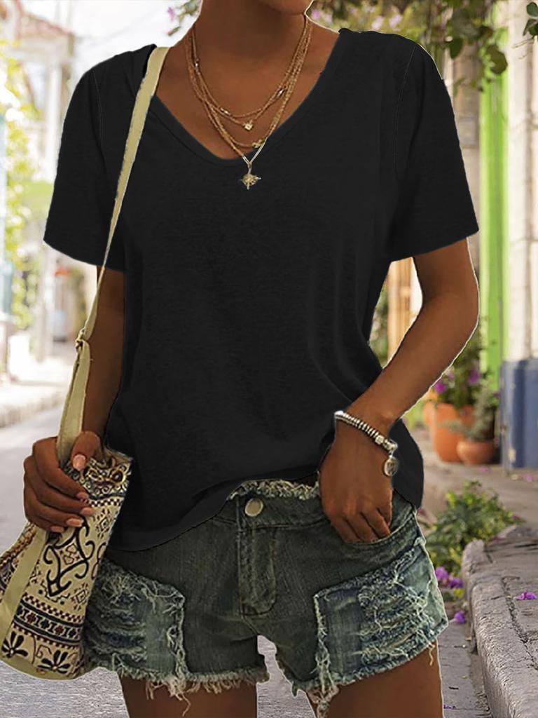 European and American women's solid color V-neck short-sleeved T-shirt, loose casual top can be printed in stock.
