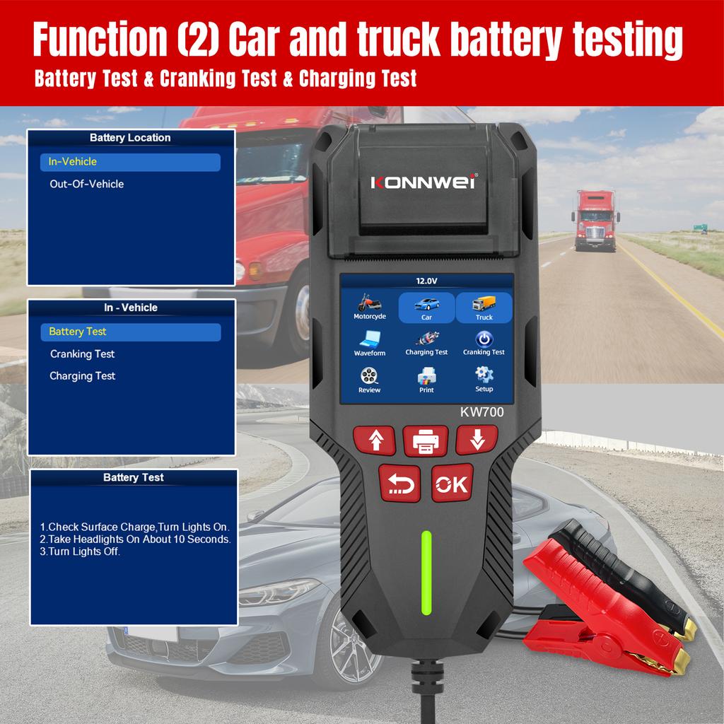 KONNWEI KW700 12V 24V Car & Truck Battery Tester with Print function Battery Analyzer Cranking Test Charging Test 10-2000CCA