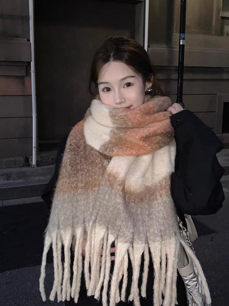 

Полосатый шарф женский осенне-зимний высококлассный мохеровый цвет теплый универсальный платок атмосфера шарф тренд 200cm*50cm280g оранжевый