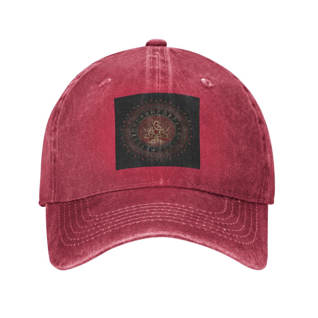 Lebensbaum mit Triquetra Schwarzes Rotes Leder und goldener Jeansstoff Kappe Lässige Baseballkappen Hut Sommer Unisex Baseballmützen