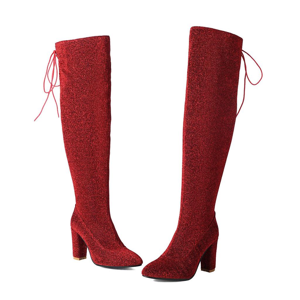 Women Thigh High Boots Grainy Sequin Bling Bling Over the Knee Boots Back Lace Up Sung Fit Casual Heels Shoes