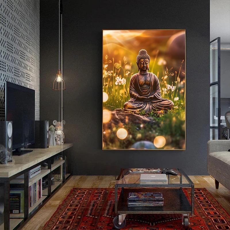 Poster și Print Meditație Budism Religie Zen Pictură pe Pânză Artă de Perete Buddha în Natură Imagine Abstractă pentru Cameră Decor Acasă