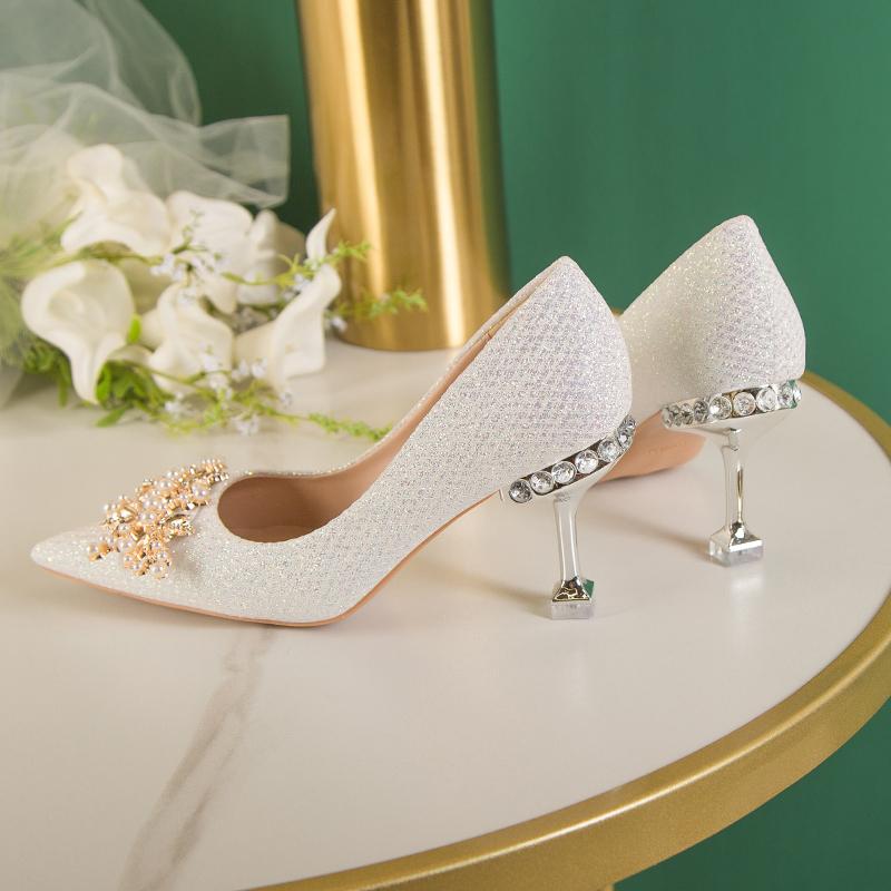Fashion Spring Casual Wedding Bride Rhinestone Gold Fashion High Heels Metal Buckle Sexy Work Shoes 7cm Large Size Female Shoe High Heel