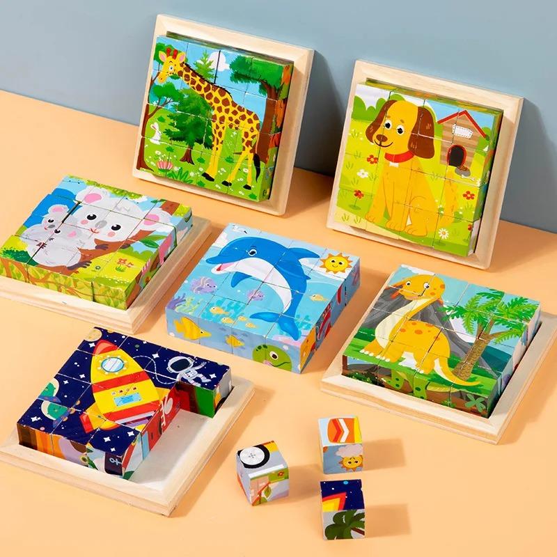 Non-Toxic 9Pcs Six-Sided 3D Cubes Jigsaw Puzzles Tray Wooden Storage Toys For Children Kids Educational Toys Funny Games 3-9 Years Kids