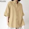 ZANZEA Blusa de Algodón Casual para Mujer con Cuello Vuelto, Manga 3/4 Suelta