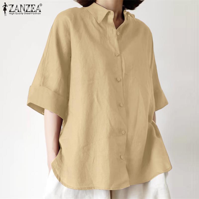 ZANZEA Blusa de Algodón Casual para Mujer con Cuello Vuelto, Manga 3/4 Suelta