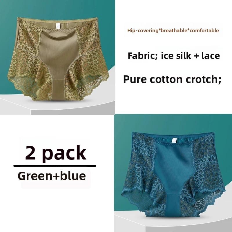 2pcs of Plus Size Women's New Summer Hollow Lace Stitching Non Mark Cotton High Waist Triangle Briefs