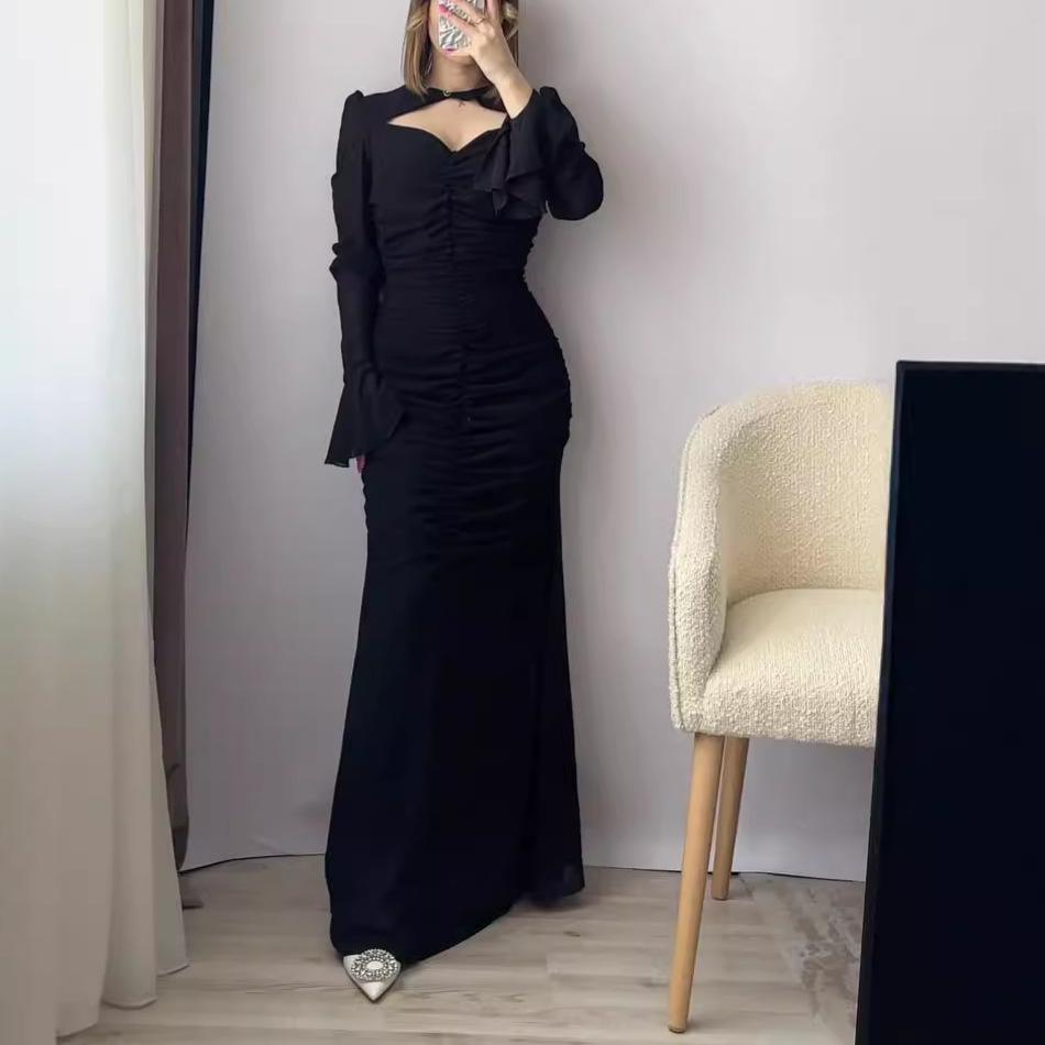 European & American Sexy Right-Angle Shoulder Ruched Bell Sleeve Slimming Long Dress