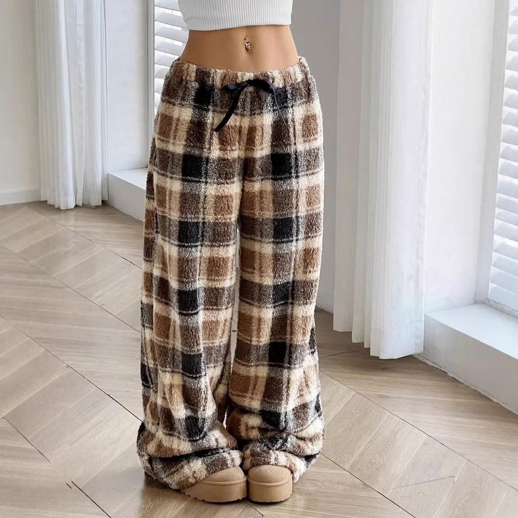 New Autumn-winter Thick Checked Casual Fashionable Loose Wide-leg Plush Pajama Pants